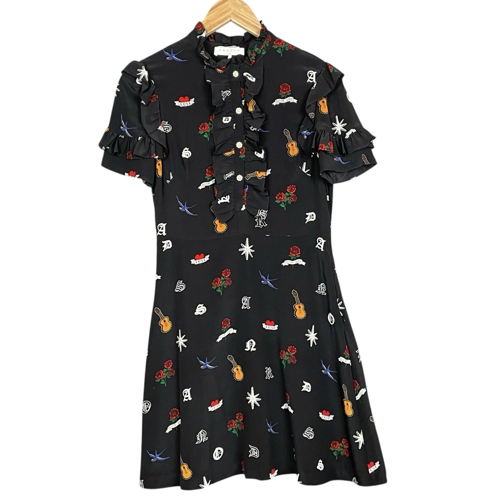 Sandro Whimsical Rock n Roll Silk Dress Size 2 Goth Ruffle Trim Pearl Buttons - Picture 2 of 11